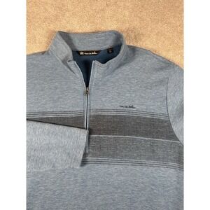 Travis Mathew Golf 1/4 Zip Sweater Mens XL Blue Gray Stripe Long Sleeve Preppy